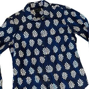 J. Crew 100% Cotton Perfect Shirt Women's 6 Navy Blue White Floral Print
